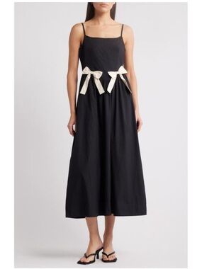 NWT Black Spaghetti-Strap Midi Dress with Cream Bow Accents Size L